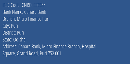 Canara Bank Micro Finance Puri Branch Puri IFSC Code CNRB0003344