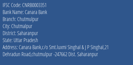 Canara Bank Chutmulpur Branch Saharanpur IFSC Code CNRB0003351
