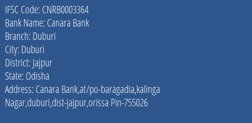 Canara Bank Duburi Branch Jajpur IFSC Code CNRB0003364