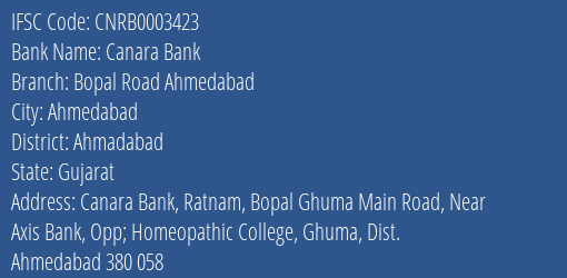 Canara Bank Bopal Road Ahmedabad Branch Ahmadabad IFSC Code CNRB0003423