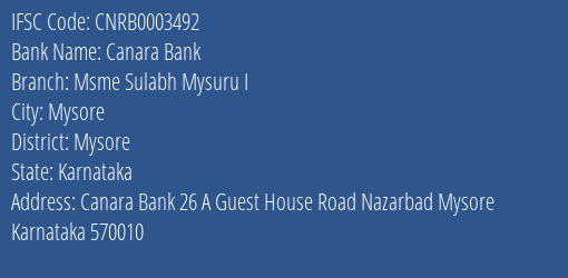 Canara Bank Msme Sulabh Mysuru I Branch Mysore IFSC Code CNRB0003492