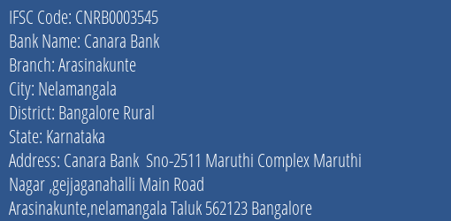 Canara Bank Arasinakunte Branch Bangalore Rural IFSC Code CNRB0003545