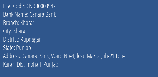 Canara Bank Kharar Branch Rupnagar IFSC Code CNRB0003547