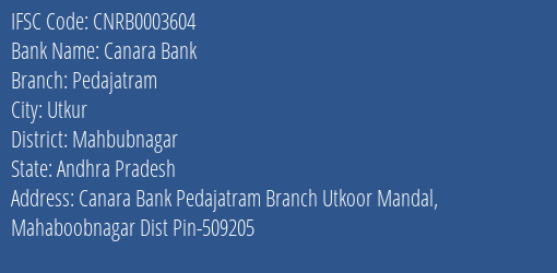 Canara Bank Pedajatram Branch Mahbubnagar IFSC Code CNRB0003604