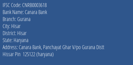 Canara Bank Gurana Branch Hisar IFSC Code CNRB0003618