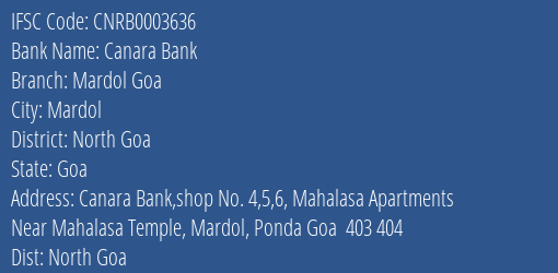 Canara Bank Mardol Goa Branch North Goa IFSC Code CNRB0003636