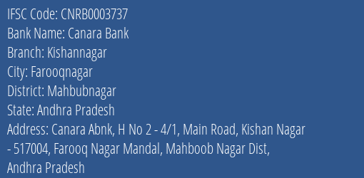 Canara Bank Kishannagar Branch Mahbubnagar IFSC Code CNRB0003737