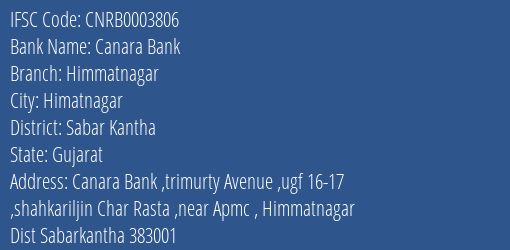 Canara Bank Himmatnagar Branch Sabar Kantha IFSC Code CNRB0003806