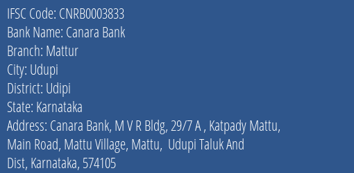 Canara Bank Mattur Branch Udipi IFSC Code CNRB0003833