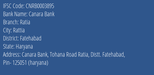 Canara Bank Ratia Branch Fatehabad IFSC Code CNRB0003895