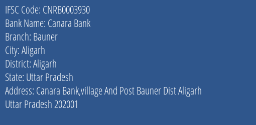 Canara Bank Bauner Branch Aligarh IFSC Code CNRB0003930