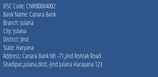Canara Bank Julana Branch Jind IFSC Code CNRB0004002