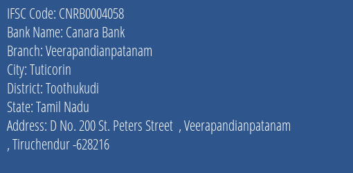 Canara Bank Veerapandianpatanam Branch Toothukudi IFSC Code CNRB0004058