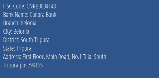 Canara Bank Belonia Branch South Tripura IFSC Code CNRB0004148