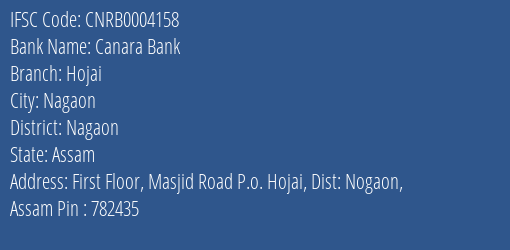 Canara Bank Hojai Branch Nagaon IFSC Code CNRB0004158