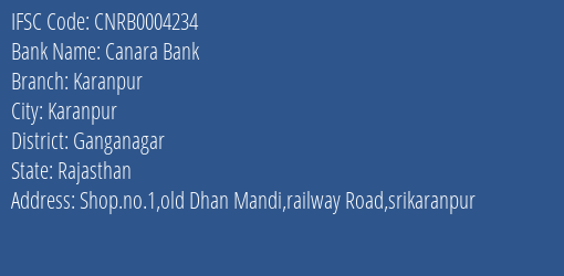 Canara Bank Karanpur Branch Ganganagar IFSC Code CNRB0004234