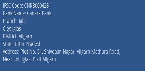 Canara Bank Iglas Branch Aligarh IFSC Code CNRB0004281