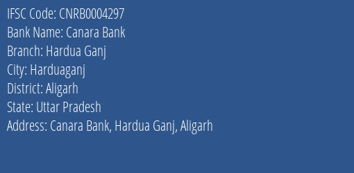 Canara Bank Hardua Ganj Branch Aligarh IFSC Code CNRB0004297