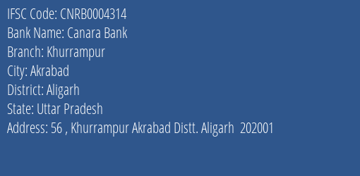 Canara Bank Khurrampur Branch Aligarh IFSC Code CNRB0004314