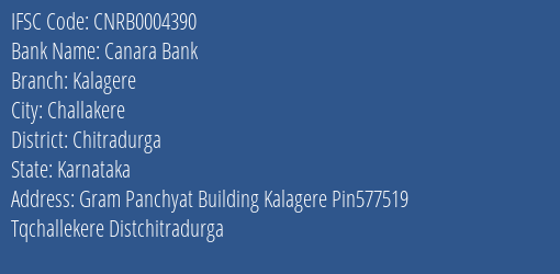 Canara Bank Kalagere Branch Chitradurga IFSC Code CNRB0004390