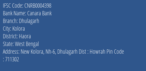 Canara Bank Dhulagarh Branch Haora IFSC Code CNRB0004398
