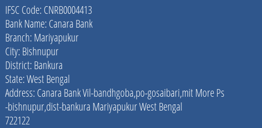 Canara Bank Mariyapukur Branch Bankura IFSC Code CNRB0004413