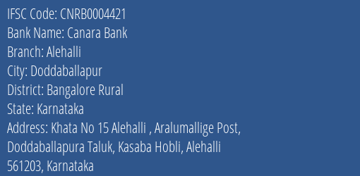 Canara Bank Alehalli Branch Bangalore Rural IFSC Code CNRB0004421