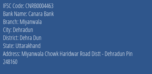 Canara Bank Miyanwala Branch Dehra Dun IFSC Code CNRB0004463