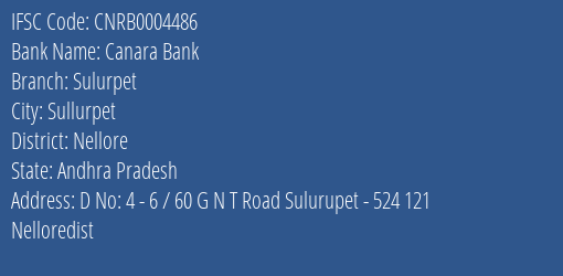 Canara Bank Sulurpet Branch Nellore IFSC Code CNRB0004486