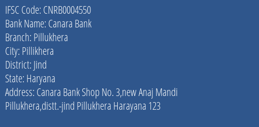 Canara Bank Pillukhera Branch Jind IFSC Code CNRB0004550