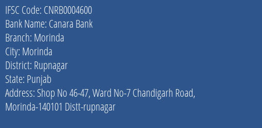 Canara Bank Morinda Branch Rupnagar IFSC Code CNRB0004600