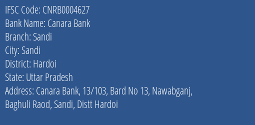 Canara Bank Sandi Branch Hardoi IFSC Code CNRB0004627