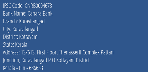 Canara Bank Kuravilangad Branch Kottayam IFSC Code CNRB0004673