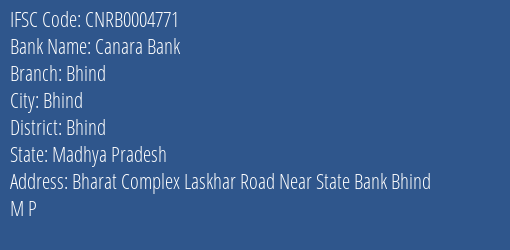 Canara Bank Bhind Branch Bhind IFSC Code CNRB0004771