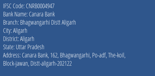Canara Bank Bhagwangarhi Distt Aligarh Branch Aligarh IFSC Code CNRB0004947