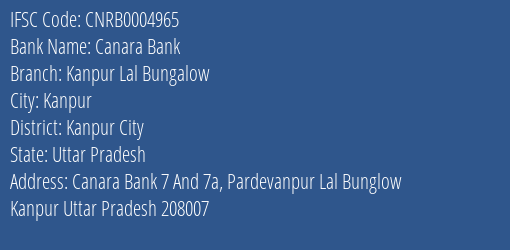 Canara Bank Kanpur Lal Bungalow Branch Kanpur City IFSC Code CNRB0004965