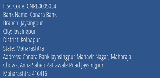 Canara Bank Jaysingpur Branch Kolhapur IFSC Code CNRB0005034