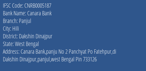 Canara Bank Panjul Branch Dakshin Dinajpur IFSC Code CNRB0005187