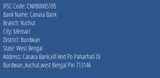 Canara Bank Kuchut Branch Burdwan IFSC Code CNRB0005195