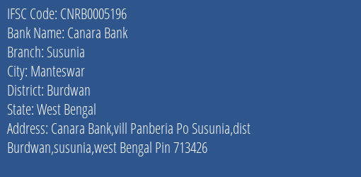 Canara Bank Susunia Branch Burdwan IFSC Code CNRB0005196