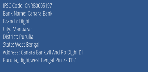 Canara Bank Dighi Branch Purulia IFSC Code CNRB0005197