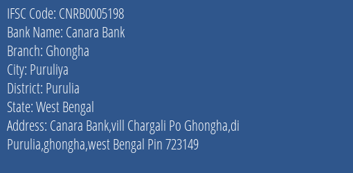 Canara Bank Ghongha Branch Purulia IFSC Code CNRB0005198