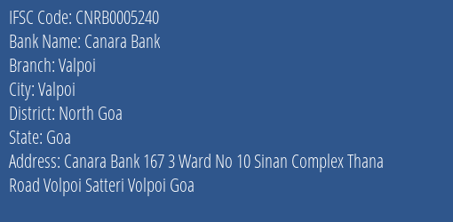 Canara Bank Valpoi Branch North Goa IFSC Code CNRB0005240