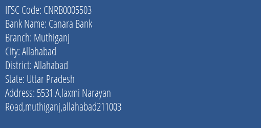 Canara Bank Muthiganj Branch Allahabad IFSC Code CNRB0005503