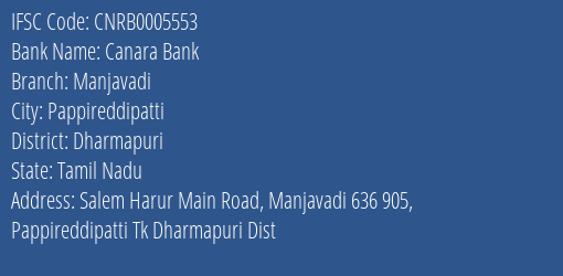 Canara Bank Manjavadi Branch Dharmapuri IFSC Code CNRB0005553
