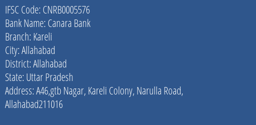 Canara Bank Kareli Branch Allahabad IFSC Code CNRB0005576