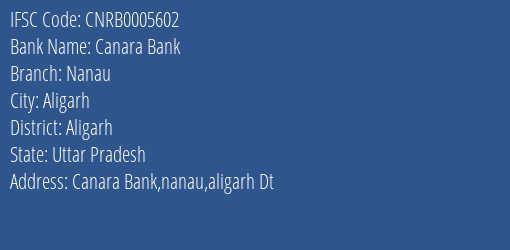 Canara Bank Nanau Branch Aligarh IFSC Code CNRB0005602