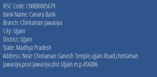 Canara Bank Chintaman Jawasiya Branch Ujjain IFSC Code CNRB0005679