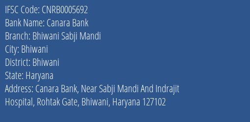 Canara Bank Bhiwani Sabji Mandi Branch, Branch Code 005692 & IFSC Code Cnrb0005692