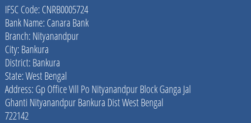 Canara Bank Nityanandpur Branch Bankura IFSC Code CNRB0005724
